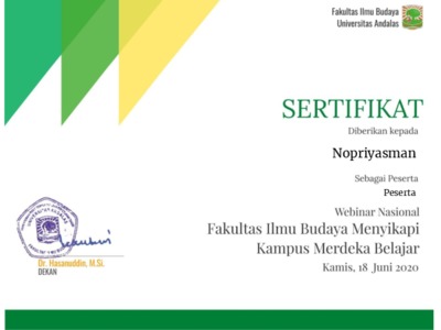 Sertifikat Webinar Nasional Menyikapi Kampus Merdeka Belajar FIB